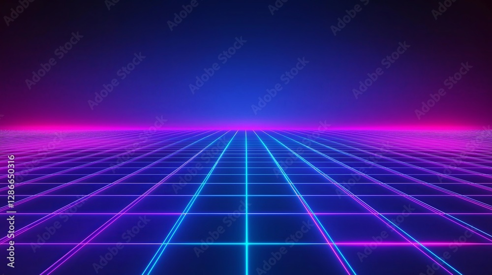 Poster a futuristic cyberpunk neon grid in deep blues and purples