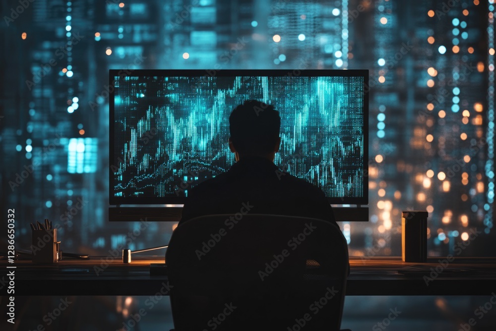 Wall mural a person sits in front of a large monitor displaying dynamic data streams at night, in a city settin
