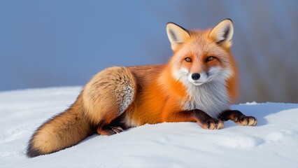 A red fox lies on a snowy landscape, gazing directly at the camera.