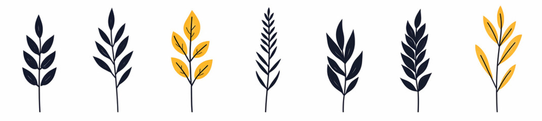 Botanical Collection: A minimalist and artistic presentation of seven stylized botanical elements, including leaves, branches, and sprigs, in shades of gold and black.