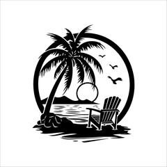 Vector image of a summer sunset tropical beach with palm trees and waves in the background, during sunrise and sunset. Nature scene, children coloring pages of the beach.Vector image of a summer sunse