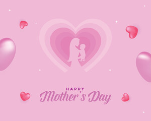 Beautiful Mother's Day background featuring a pink gradient heart, mother and child silhouette, and floating heart balloons. Perfect for greeting cards, social media posts, and digital gifts