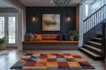 Fototapeta premium Photographie immobilière d’un hall d’entrée moderne avec tapis géométrique et suspension design. HDR, 3D, tendance, architecte