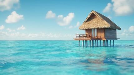  bungalow scene with a thatched-roof hut on stilts above clear blue waters, with gentle ripples reflecting sunlight.