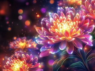 Vibrant Floral Design with Colorful Glow and Sparkle Background