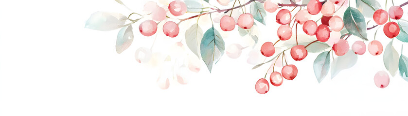 Expressive watercolor illustration of cherry branches with red fruits and green leaves, creating serene and natural ambiance