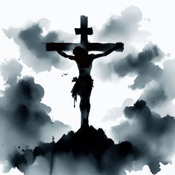 Watercolor depiction of the crucifixion scene with abstract monochrome wash