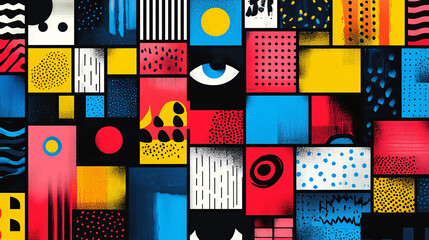 A vibrant poster with multicolored squares, each containing bold icons and abstract patterns for a modern design