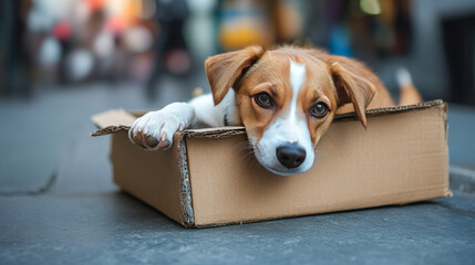 Adopt me poster with cute dog in cardboard box on city street. Concept of adoption homeless animals. Vector banner with cartoon illustration of funny puppy sitting in carton box