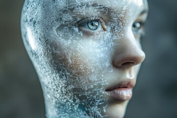 A futuristic depiction of a human face overlaid with circuit board patterns, suggesting artificial intelligence or transhumanism.