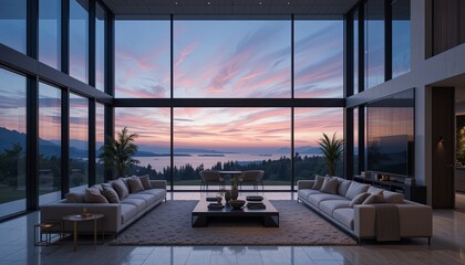 Elegant living room overlooking serene lake