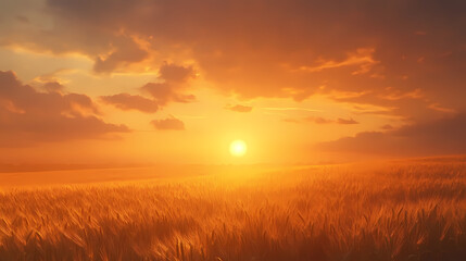Golden Hour over Field: A vibrant golden sunset casts its warm glow over a field of ripe grain, with the sun setting in a dramatic sky