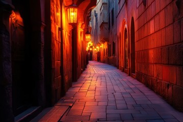 Obraz premium The street of the old European city at dawn, narrow alleys, the pavement, the warm glow of lanterns. 
