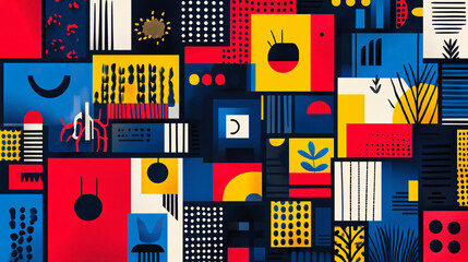 A vibrant poster with multicolored squares, each containing bold icons and abstract patterns for a modern design