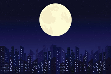 Naklejka premium Flat vector illustration of a night city with moon and stars