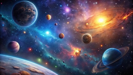 Starry Night Sky with Galaxies and Planets, cosmic landscape, night sky,  cosmic landscape