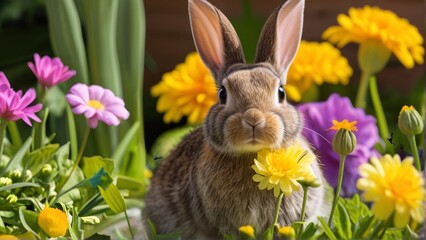 Fototapeta premium A cute rabbit surrounded by colorful flowers in a garden setting.