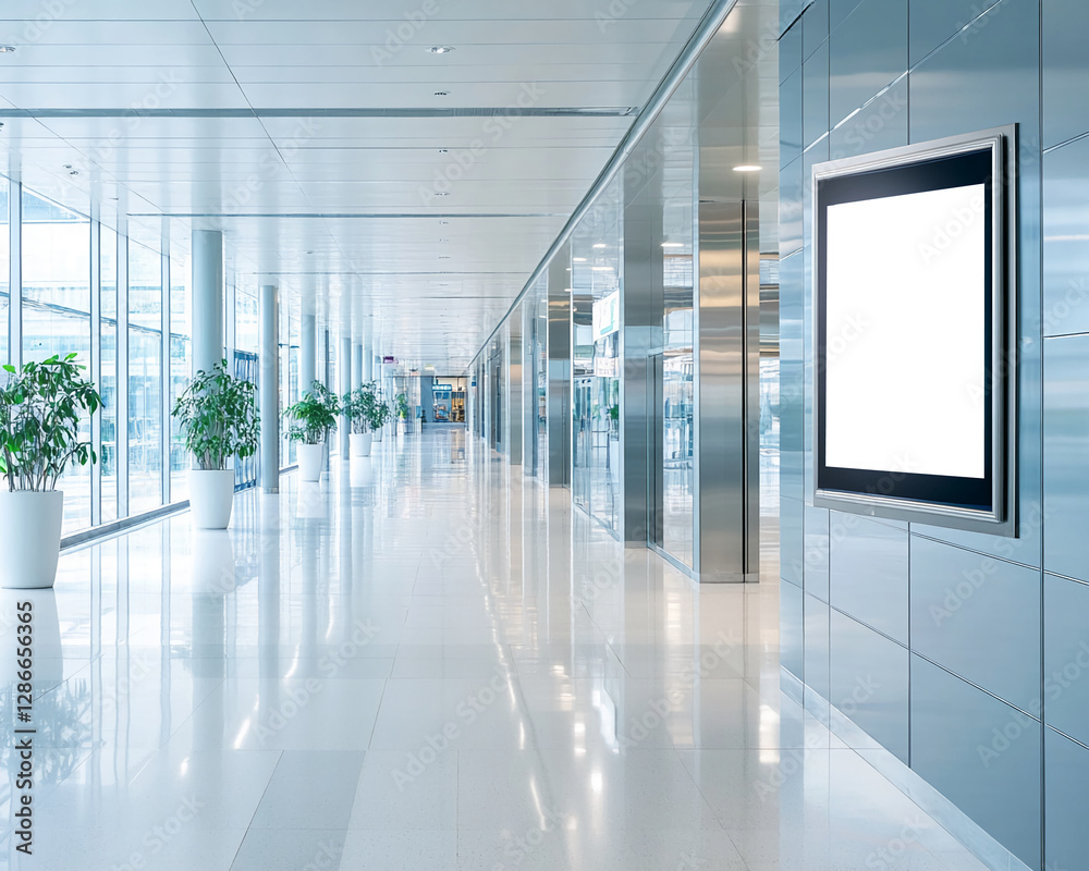 Poster modern hallway with large windows, plants in white pots, and a blank digital display on the wall, sh