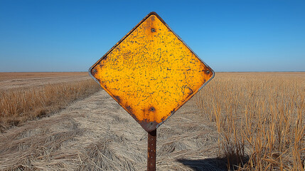 small diamond shaped blank yellow sign with weathered appearance stands in vast, dry field under clear blue sky, suggesting rural or agricultural setting