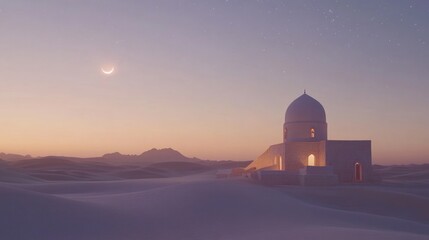 Fototapeta premium Tranquil Desert Mosque Landscape with Crescent Moon and Starry Sky