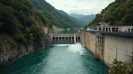 Serene Hydroelectric Dam Surrounded by Lush Green Mountains and Tranquil Water Flow