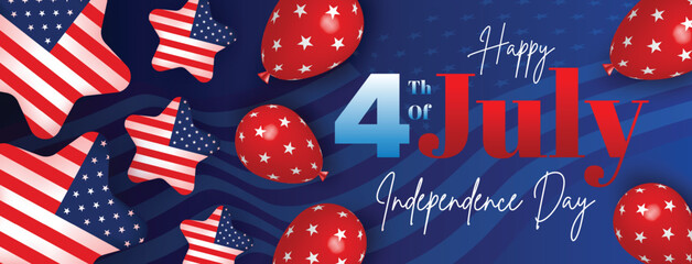 Fototapeta premium Elegant dark blue 4th of July independence day background with USA flags, balloons, and patriotic decorations for celebration