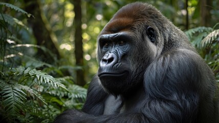 Obraz premium Endangered Cross River Gorilla Blending Into Its Pristine Woodland Environment