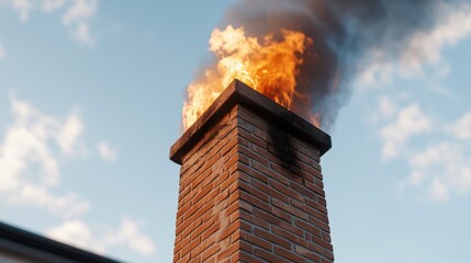 Brick Chimney Engulfed in Flames Against a Bright Blue Sky, Illustrating Home Fire Safety