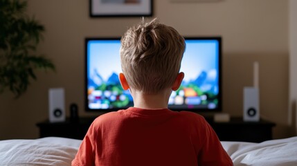 Young boy engrossed in a vibrant video game on a large television screen in his cozy bedroom