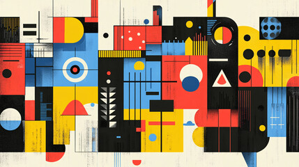 Bright and playful poster with a mix of pastel and bold-colored squares, each showcasing creative symbols or graphics