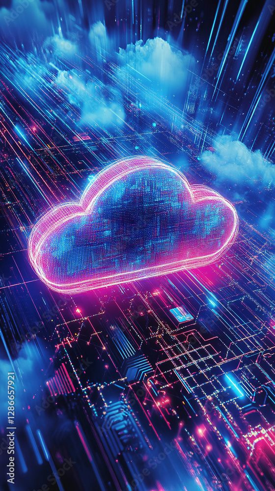 Poster Abstract digital cloud concept with glowing neon lights and streaming data, symbolizing cloud computing, connectivity, and modern technology in a futuristic digital world.