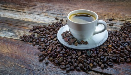 원목 테이블 위에 커피잔과 주변에 원두들이 흩어져 있는 장면