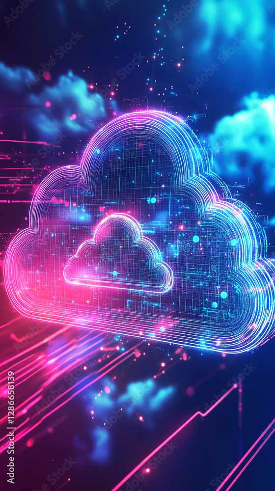 Aufkleber Glowing digital cloud with neon lights and data streams, representing cloud computing, data transfer, and futuristic digital technology in a vibrant virtual environment.