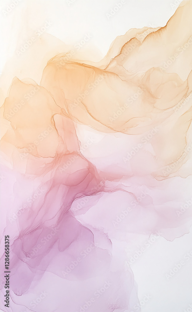 Poster abstract watercolor painting with soft peach and pink tones, depicting flowing fluid patterns and sm