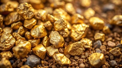 Close-up of rough dirt with small gold nuggets, granular texture