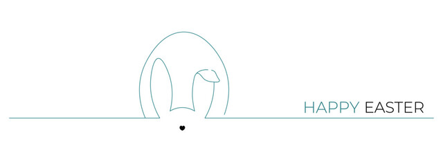 One continuous line drawing of rabbit ears and an egg. Happy Easter, minimalist banner. Editable stroke, simple doodle design, vector illustration