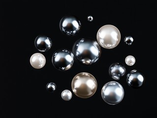 Colorful Pearls Floating on Black Background with Reflective Surface