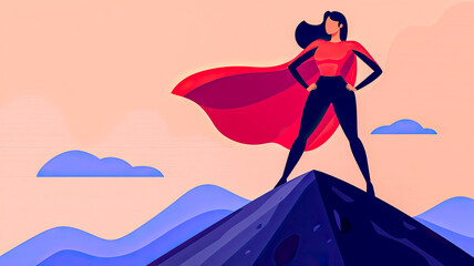 A confident woman superhero stands triumphantly on a mountain peak, wearing a red cape, symbolizing strength and empowerment against a colorful sky.