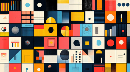 Bright and playful poster with a mix of pastel and bold-colored squares, each showcasing creative symbols or graphics