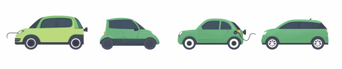 Charging Green Future: An array of green electric vehicles charging, symbolizing sustainable transportation, environmental consciousness, and technological innovation.