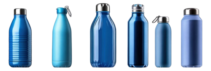 A set of blue water bottles 