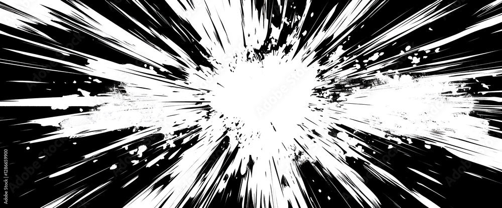 Poster abstract black and white explosive paint splatter with radial lines radiating outward, symbolizing e