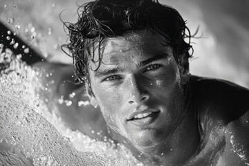 Young Male Swimmer Emerging from Ocean Waves with Dynamic Water Spray in Black and White