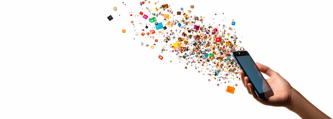 Smart Connectivity: A hand holding a smart phone with colorful graphic resources bursting outwards, symbolizing digital creativity and connectivity.