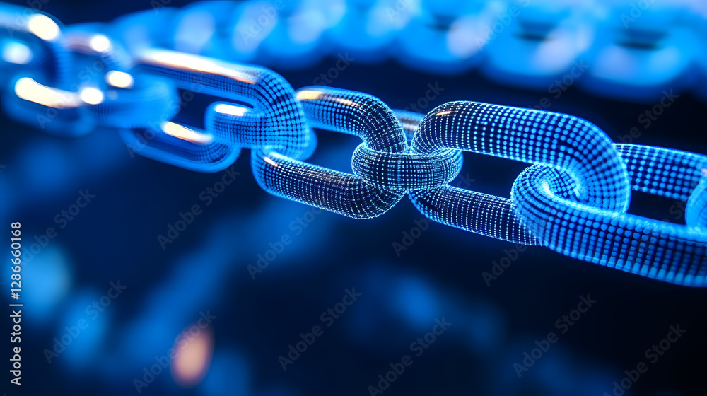 Wall mural conceptual abstract image of a chain illuminated by blue light against a dark background
