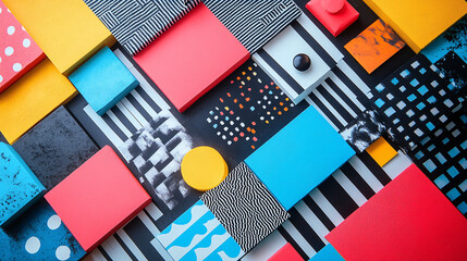 Bright and playful poster with a mix of pastel and bold-colored squares, each showcasing creative symbols or graphics