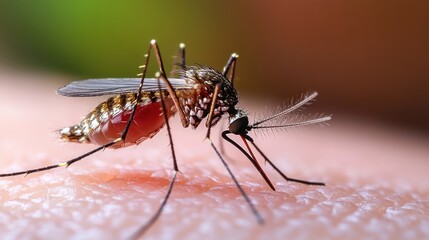 A close-up of a mosquito biting human skin, its proboscis piercing and drawing blood