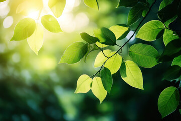 Sunlight filters through vibrant green tree leaves, creating serene and natural atmosphere. lush foliage is illuminated, highlighting delicate veins and textures of each leaf