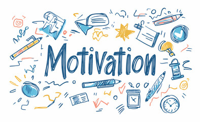 Motivation Doodle Art:A vibrant doodle art composition centered around the word "Motivation," featuring various elements symbolizing inspiration, ideas, and planning.