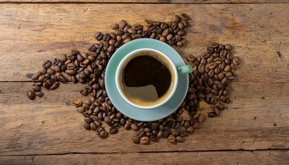 원목 테이블 위에 커피잔과 주변에 원두들이 흩어져 있는 장면